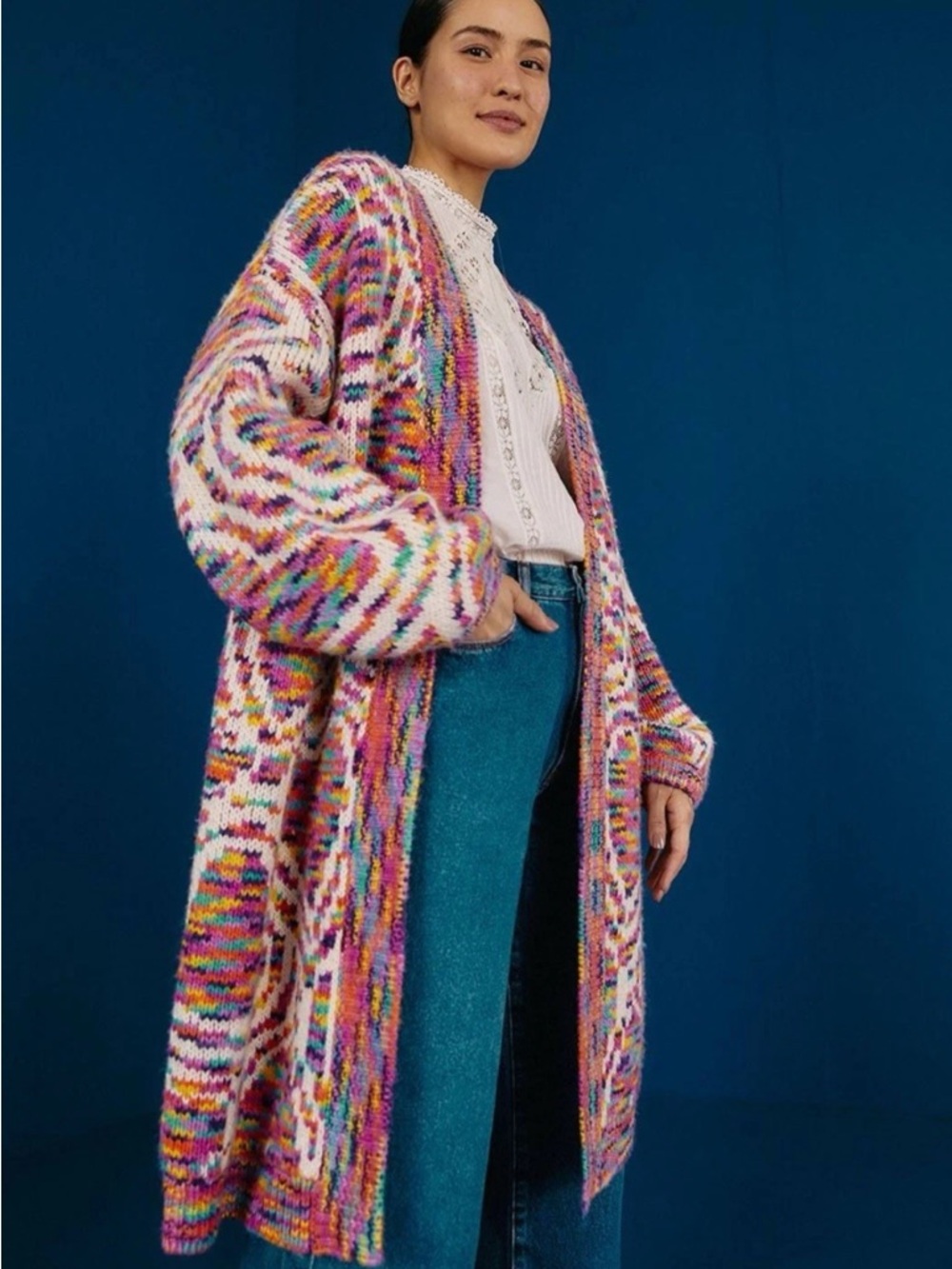 Farm Rio Multicolor Wild Hearts Open Front Cardigan Rainbow Sz Small